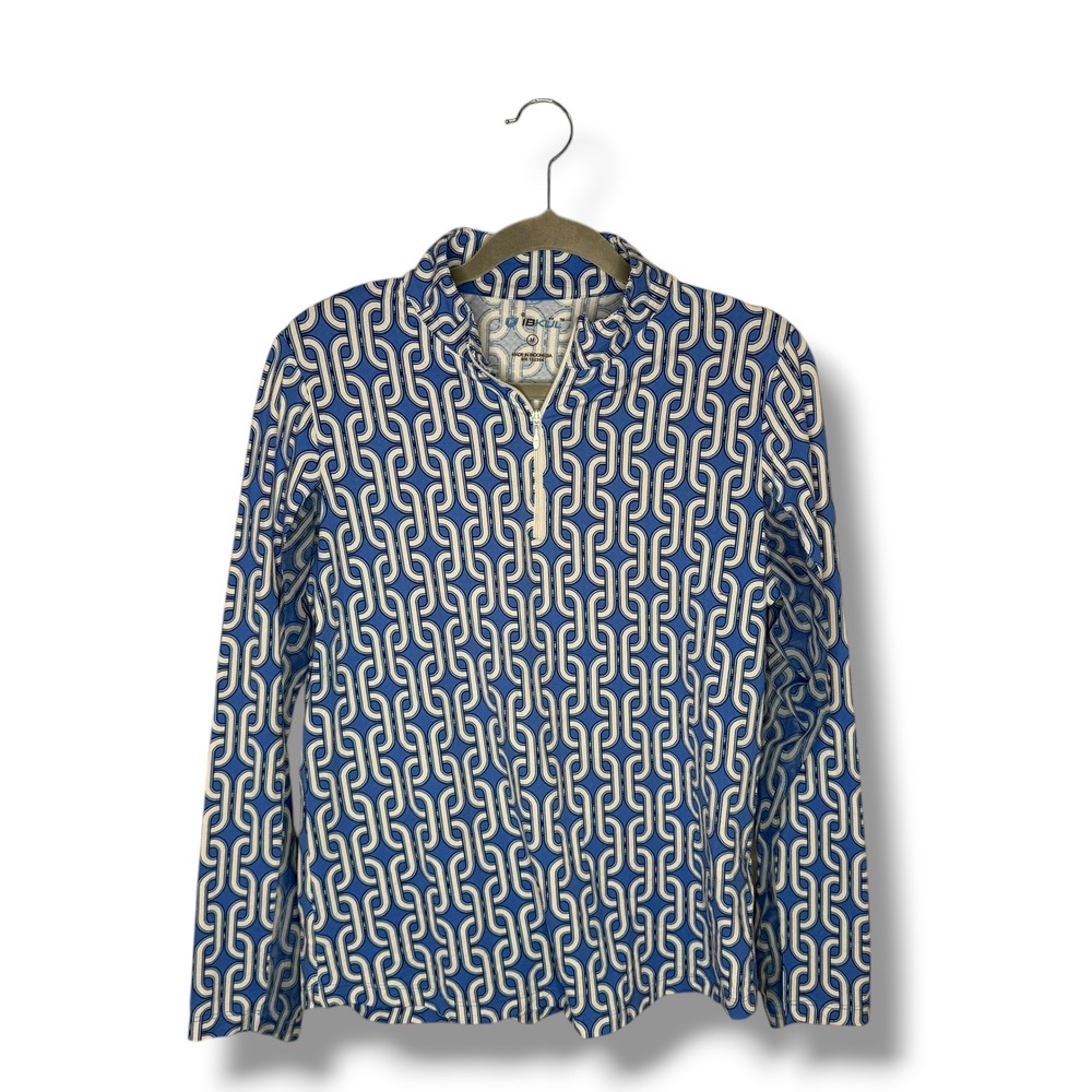 IBKUL Womens Geometric Print Long Sleeve 1/4 Zip Golf Pullover Top M Blue White‎